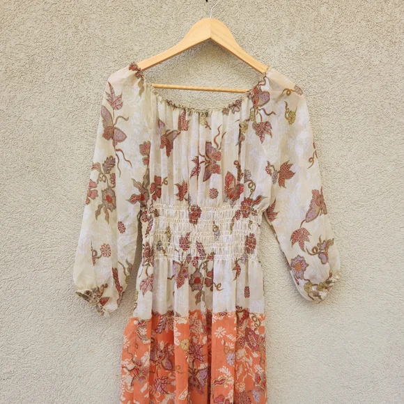 FIG & FLOWER Maxi Dress Women's Large Petite Prarie Tiered Chiffon Boho Puff Slv - Picture 7 of 14